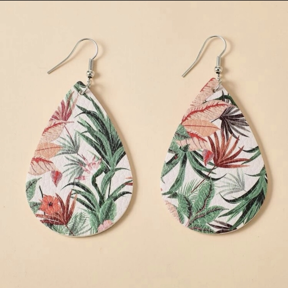 Tropical Leather Teardrop Earrings